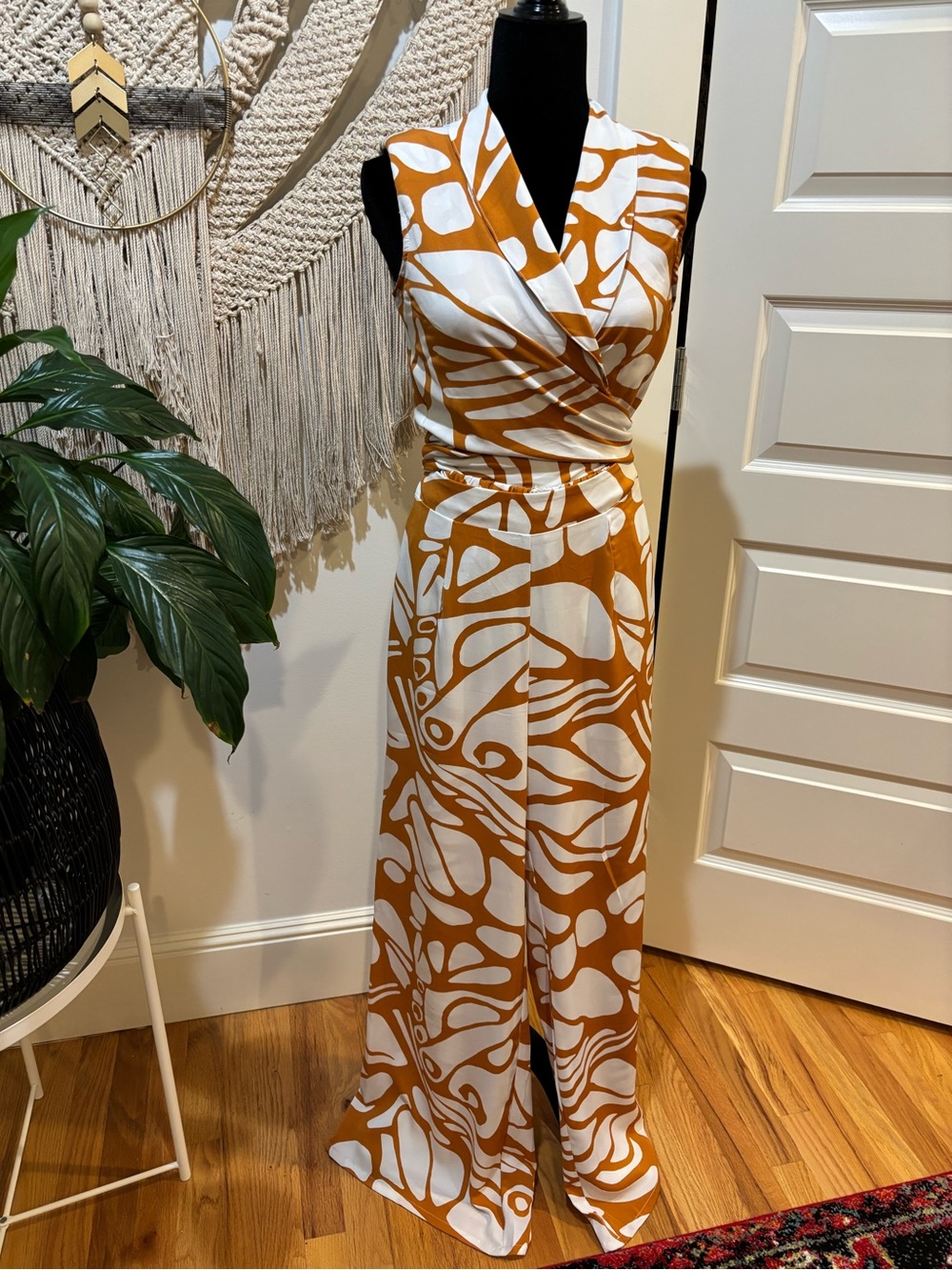 Fashion Nova White and Brown Sleeveless Wrap Jumpsuit